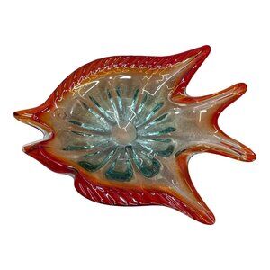 Vintage Red Aqua Blue Handblown Italian Art Glass Fish Shape Bowl Dish Murano 11